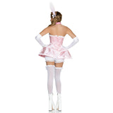 Back view of pink marie antoinette costume with corset dress and head piece - Golddiggers Boutique