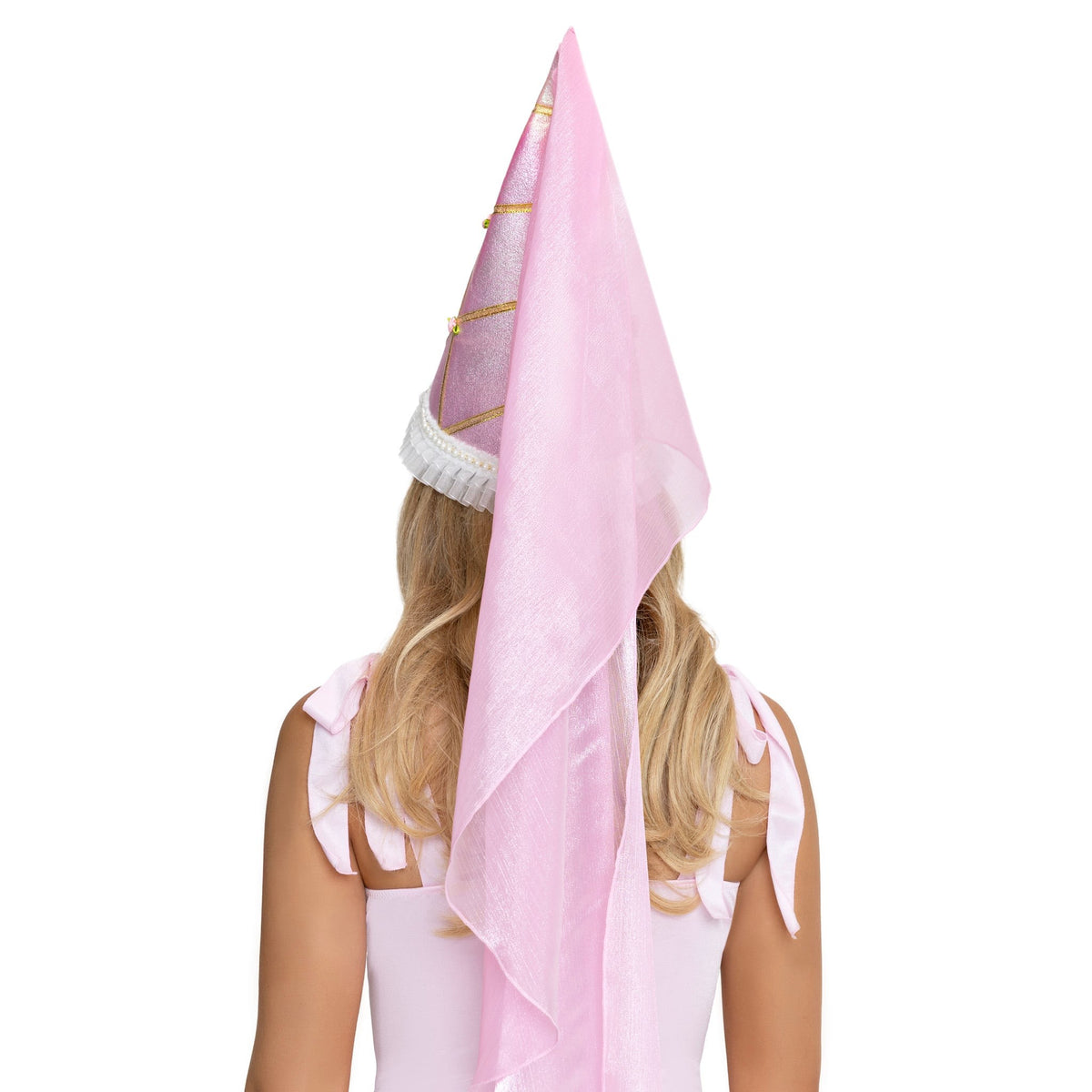 Close back view of pink medieval princess cone hat - Golddiggers Boutique
