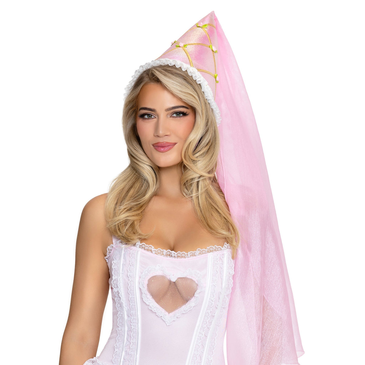 Close front view of pink medieval princess cone hat - Golddiggers Boutique