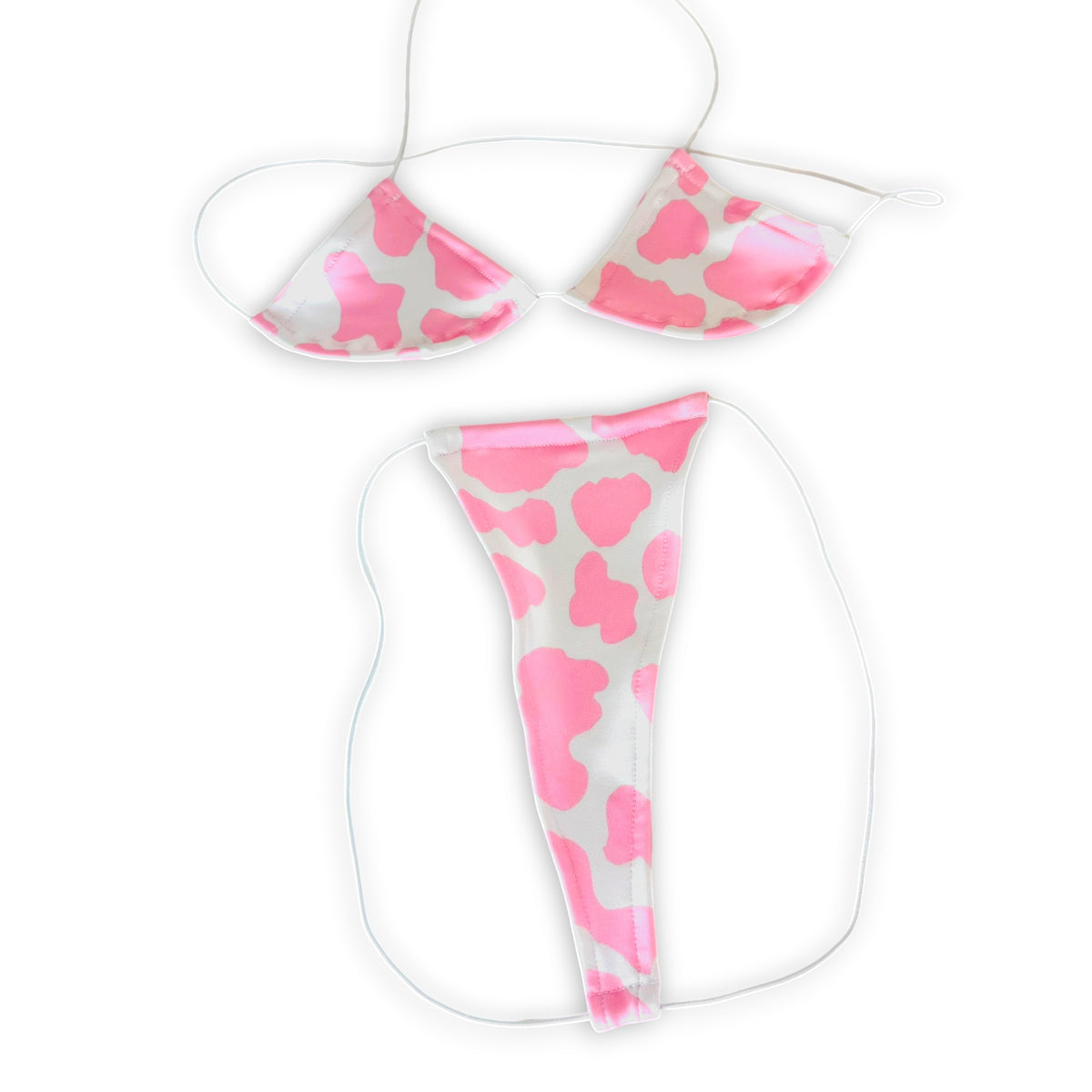Pink Milkshake micro 'kini, flat lay of triangle top and g-string thong on white strings, Golddiggers Boutique