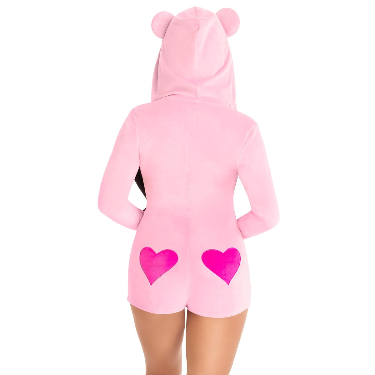 Close back view of pink plush bear costume hooded romper with heart - Golddiggers Boutique
