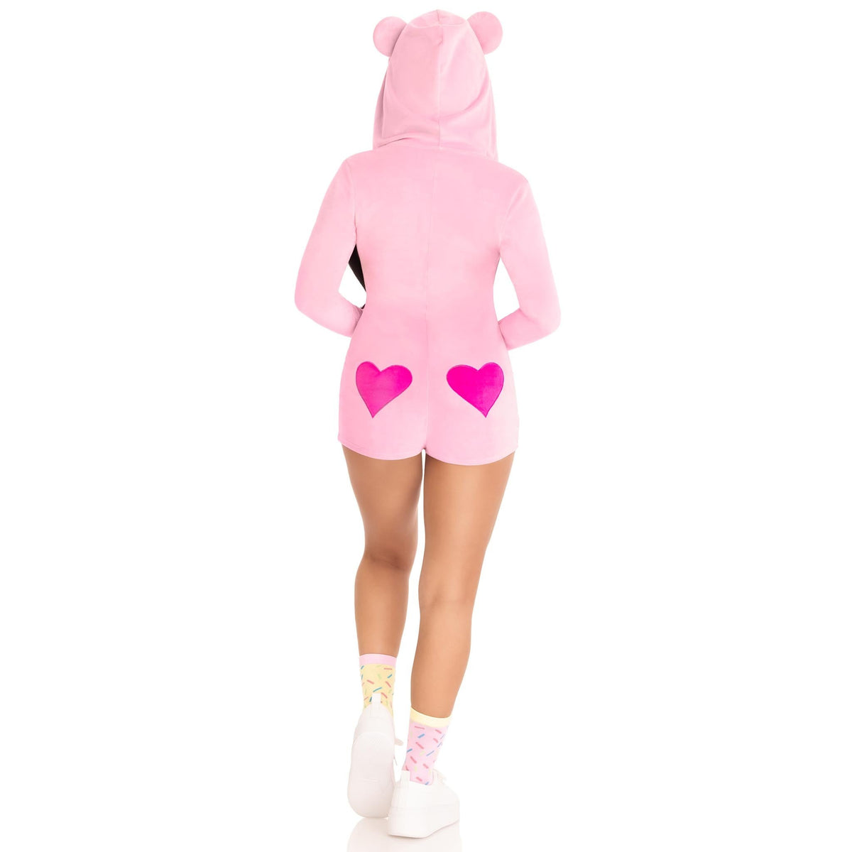 Back view of pink plush bear costume hooded romper with heart - Golddiggers Boutique
