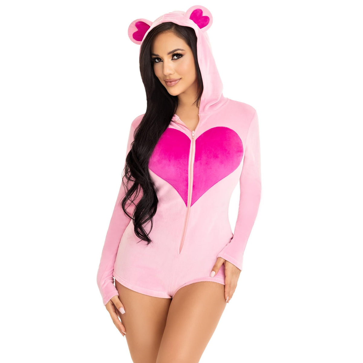 Close front view of pink plush bear costume hooded romper with heart - Golddiggers Boutique