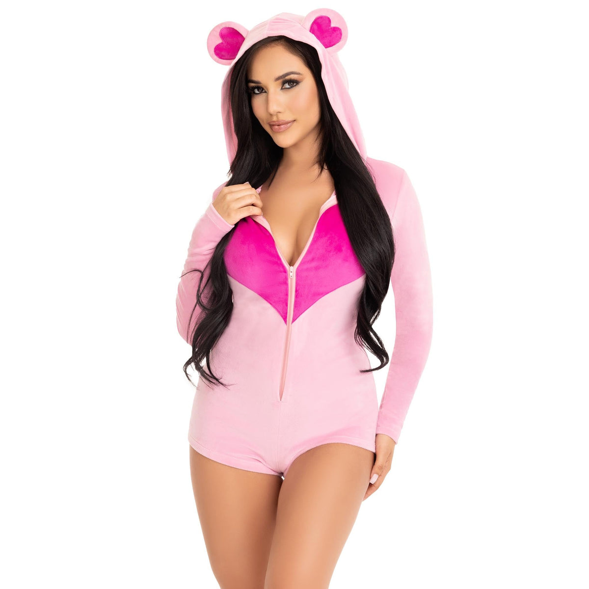 Close front pose of pink plush bear costume hooded romper with heart - Golddiggers Boutique