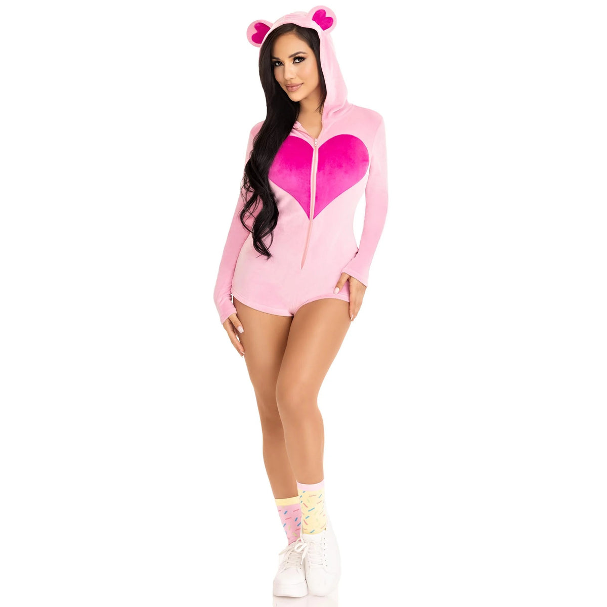 Front view of pink plush bear costume hooded romper with heart - Golddiggers Boutique