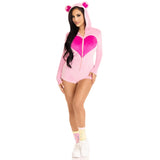Front view of pink plush bear costume hooded romper with heart - Golddiggers Boutique