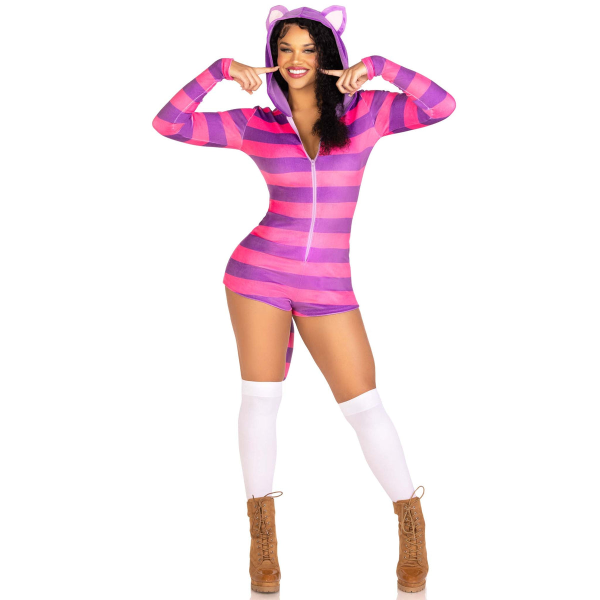 Detail view of pink and purple striped wonderland cat costume - Golddiggers Boutique