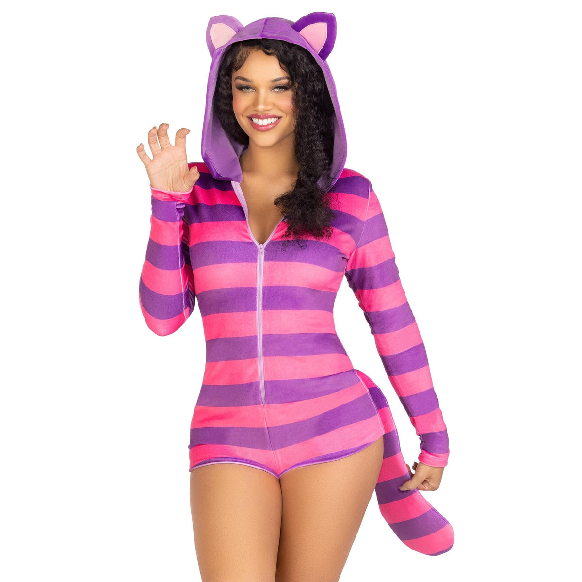 Detail view of pink and purple striped wonderland cat costume - Golddiggers Boutique