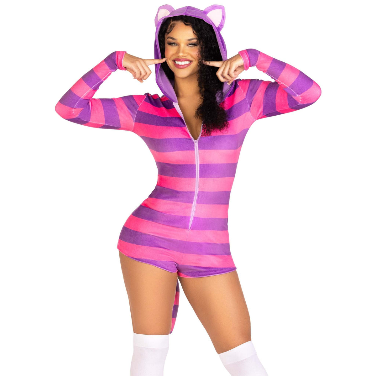 Front view of pink and purple striped wonderland cat costume - Golddiggers Boutique