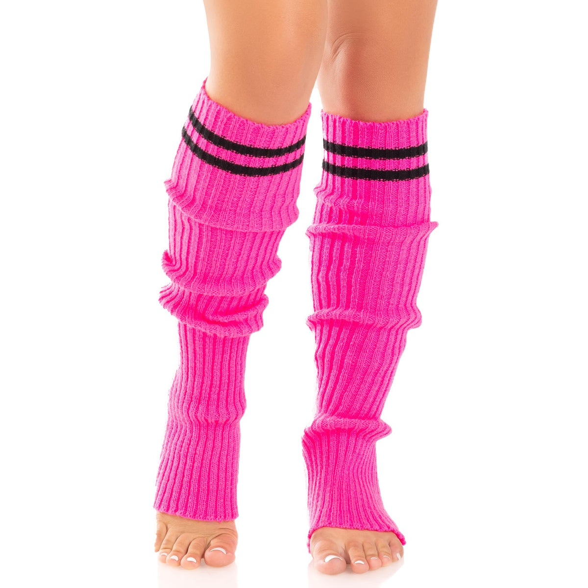 Close-up front view of pink ribbed stirrup leg warmers with athletic stripes - Golddiggers Boutique