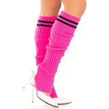 Close-up side view of pink ribbed stirrup leg warmers with athletic stripes - Golddiggers Boutique
