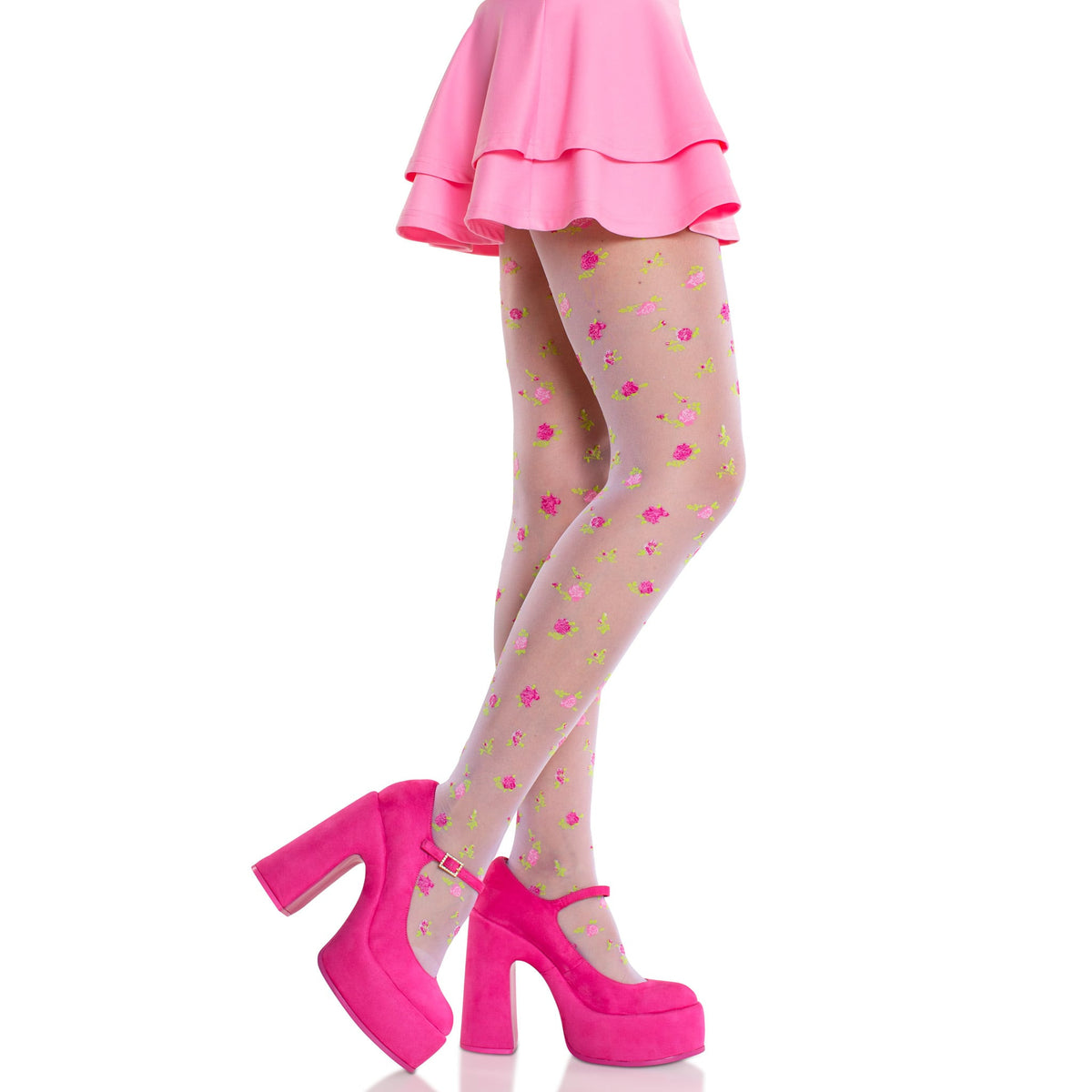 Side view of pink rosette jacquard sheer tights - Golddiggers Boutique