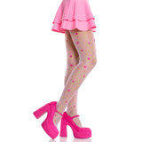 Side view of pink rosette jacquard sheer tights - Golddiggers Boutique