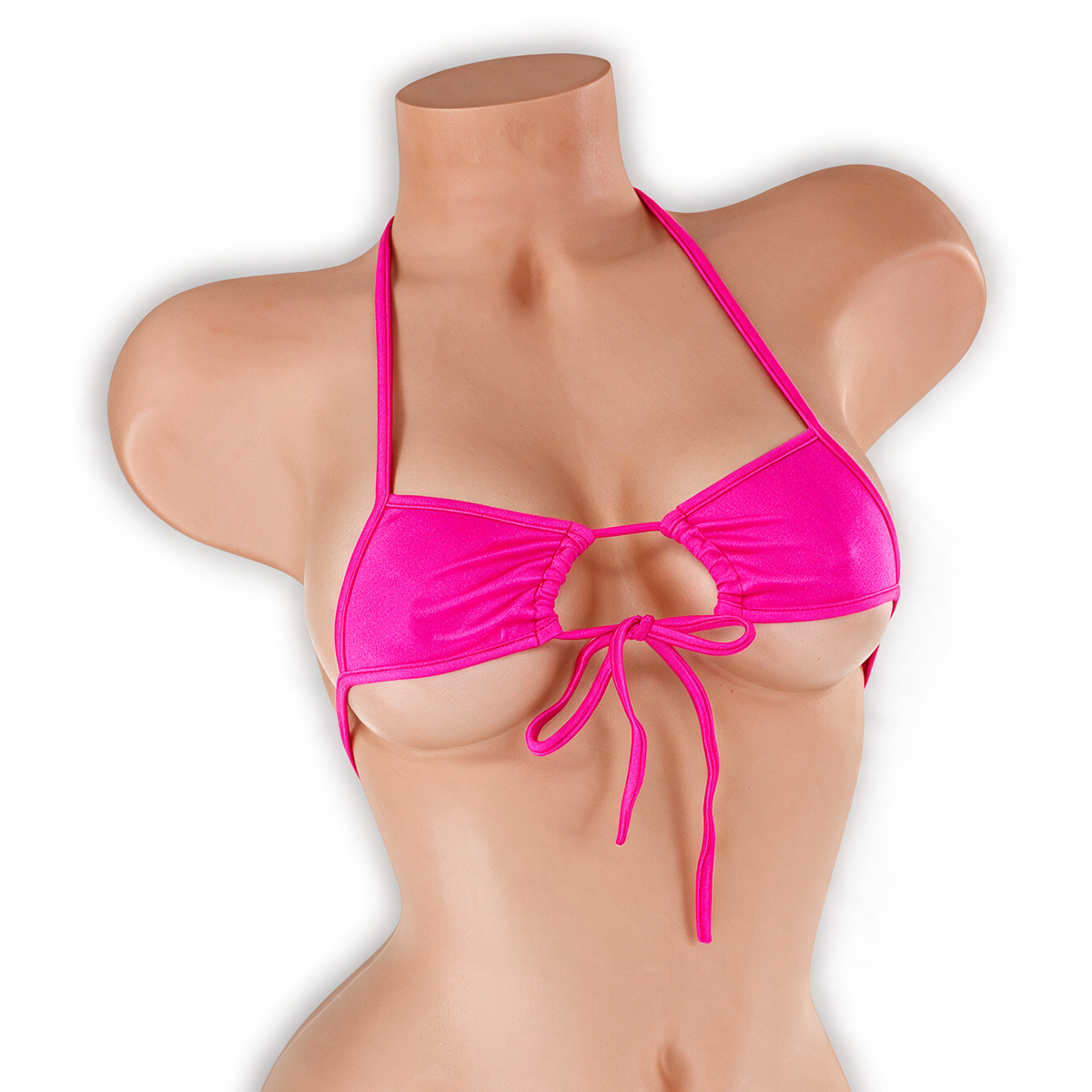 Pink Sapphire fuchsia adjustable center tie top with center tie on mannequin, front view, Golddiggers Boutique