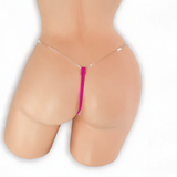 Pink Sapphire fuchsia clear strap g-string on mannequin, back view, Golddiggers Boutique