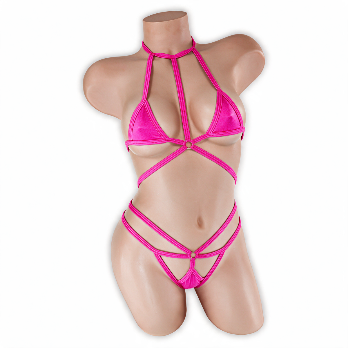 Pink Sapphire fuchsia Dolly Choker Micro Bodysuit, front, Golddiggers Boutique