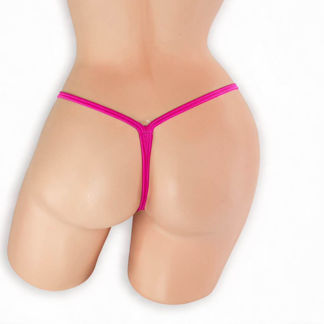 Pink Sapphire fuchsia double clip low rise v-back thong on mannequin, back view, Golddiggers Boutique