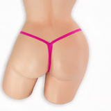 Pink Sapphire fuchsia double clip low rise v-back thong on mannequin, back view, Golddiggers Boutique