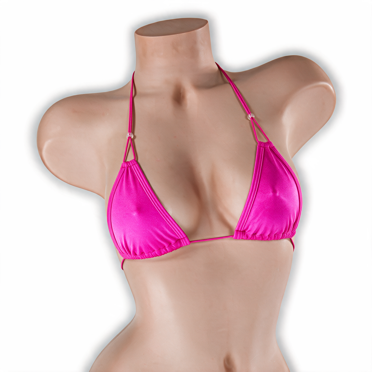 Pink Sapphire fuchsia elastic strap beaded top with clear beads on mannequin, front view, Golddiggers Boutique