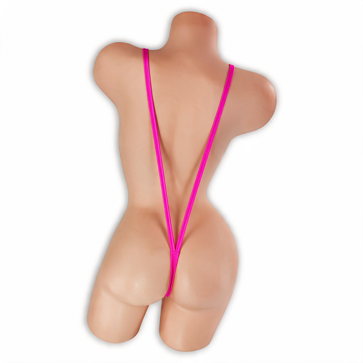 Pink Sapphire (Fuchsia) Elektra V Slingshot Bodysuit back view on mannequin, two thin straps into a G-string back