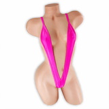Pink Sapphire (Fuchsia) Elektra V Slingshot Bodysuit front view on mannequin, deep V straps over the chest