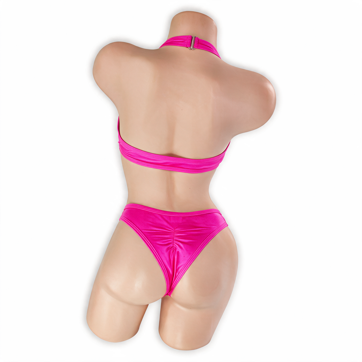 Pink Sapphire fuchsia Esmeralda asymmetrical O-ring halter bodysuit, back, Golddiggers Boutique
