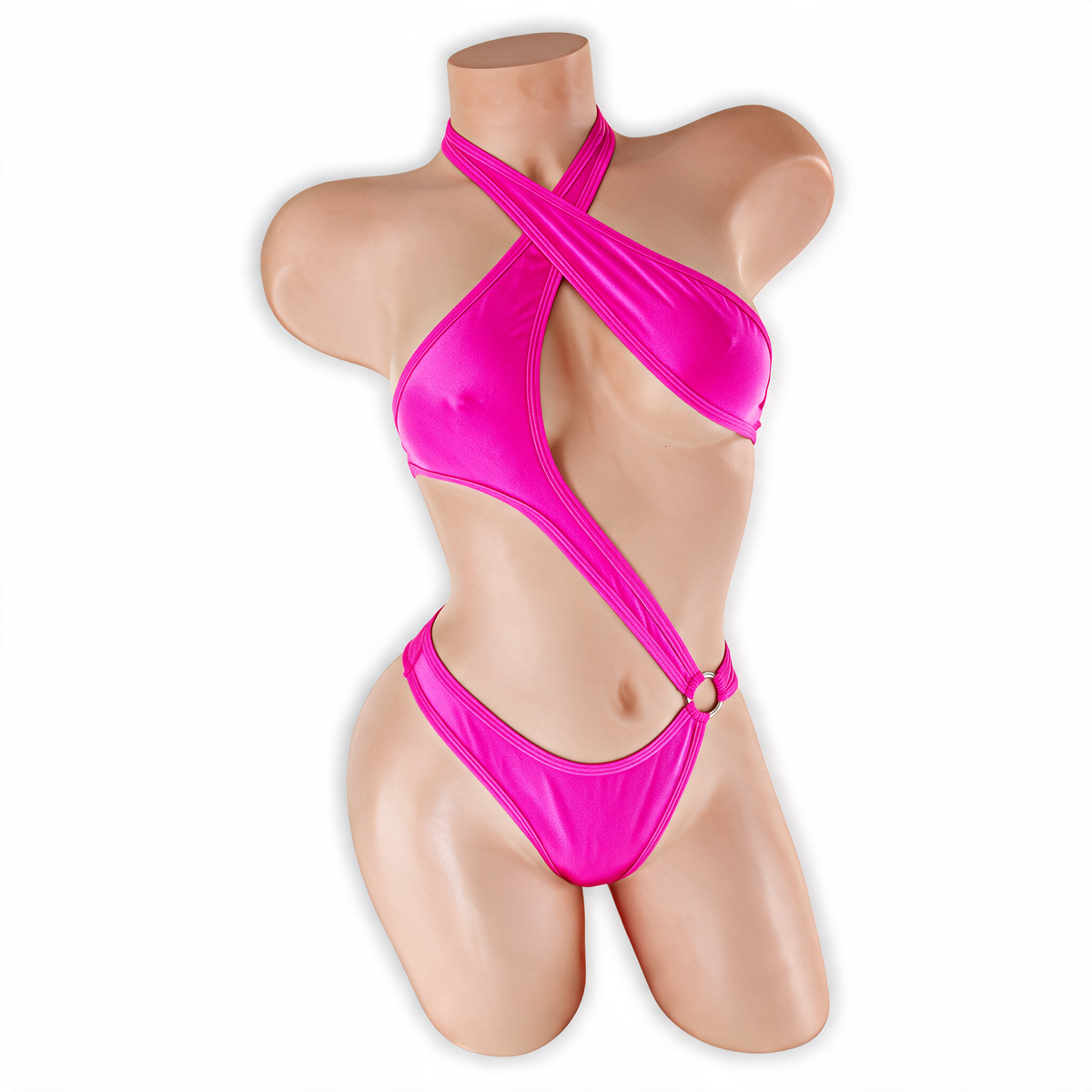 Pink Sapphire fuchsia Esmeralda asymmetrical O-ring halter bodysuit, front, Golddiggers Boutique