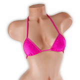 Pink Sapphire fuchsia fairy dust mini tri top with tiny silver rhinestones on mannequin, front view, Golddiggers Boutique