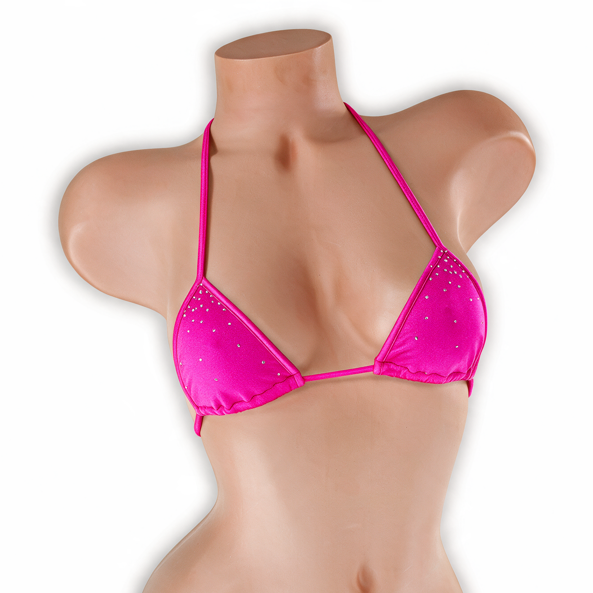 Pink Sapphire fuchsia fairy dust mini tri top with tiny silver rhinestones on mannequin, front view, Golddiggers Boutique