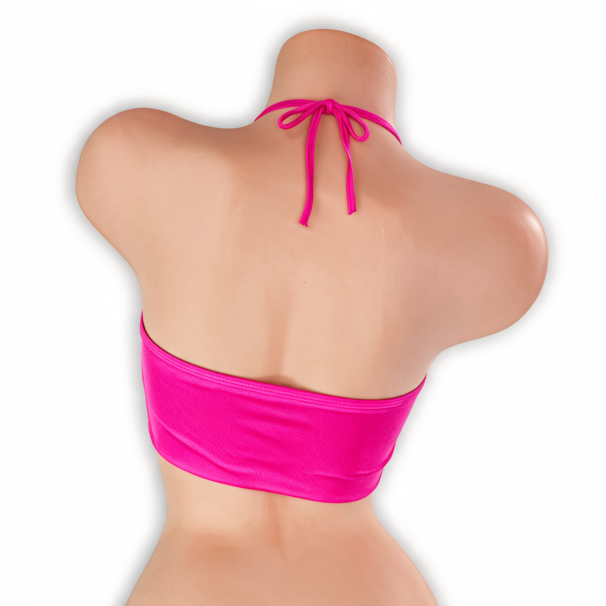 Pink Sapphire fuchsia flowy o-ring top on mannequin, back view, Golddiggers Boutique
