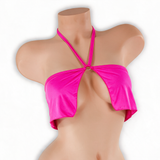 Pink Sapphire fuchsia flowy o-ring top on mannequin, front view, Golddiggers Boutique