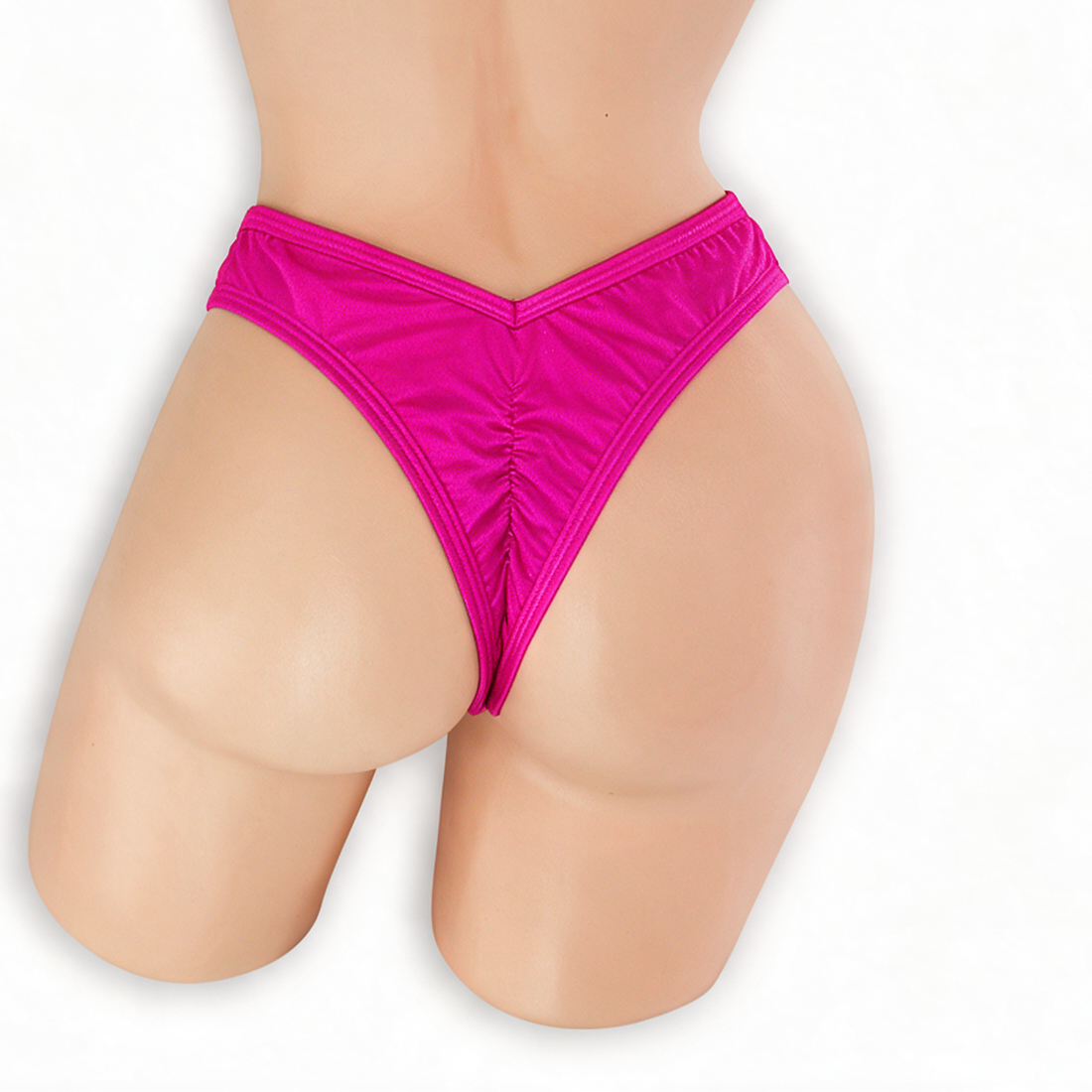 Pink Sapphire fuchsia high waisted scrunch v-back thong on mannequin, back view, Golddiggers Boutique