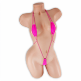 Pink Sapphire (Fuchsia) Kali Teeny Weeny Slingshot Bodysuit front view on mannequin, tiny scrunched cups and micro pouch