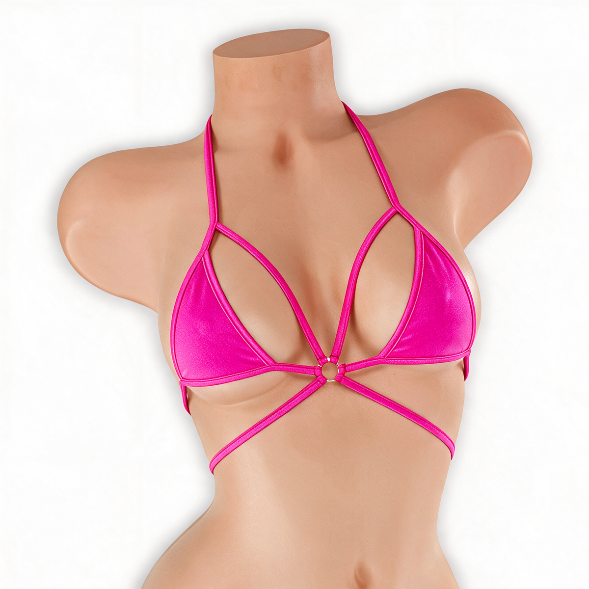 Pink Sapphire fuchsia micro strappy tri top with O-ring on mannequin, front view, Golddiggers Boutique