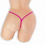Pink Sapphire fuchsia mini v-back thong on mannequin, back view, Golddiggers Boutique