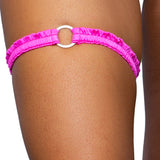 Pink Sapphire fuchsia o-ring ruched tip garter worn on the thigh, Golddiggers Boutique