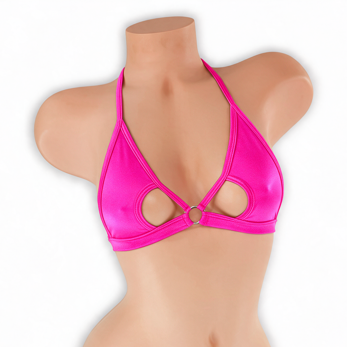 Pink Sapphire fuchsia open front o-ring top on mannequin, front view, Golddiggers Boutique