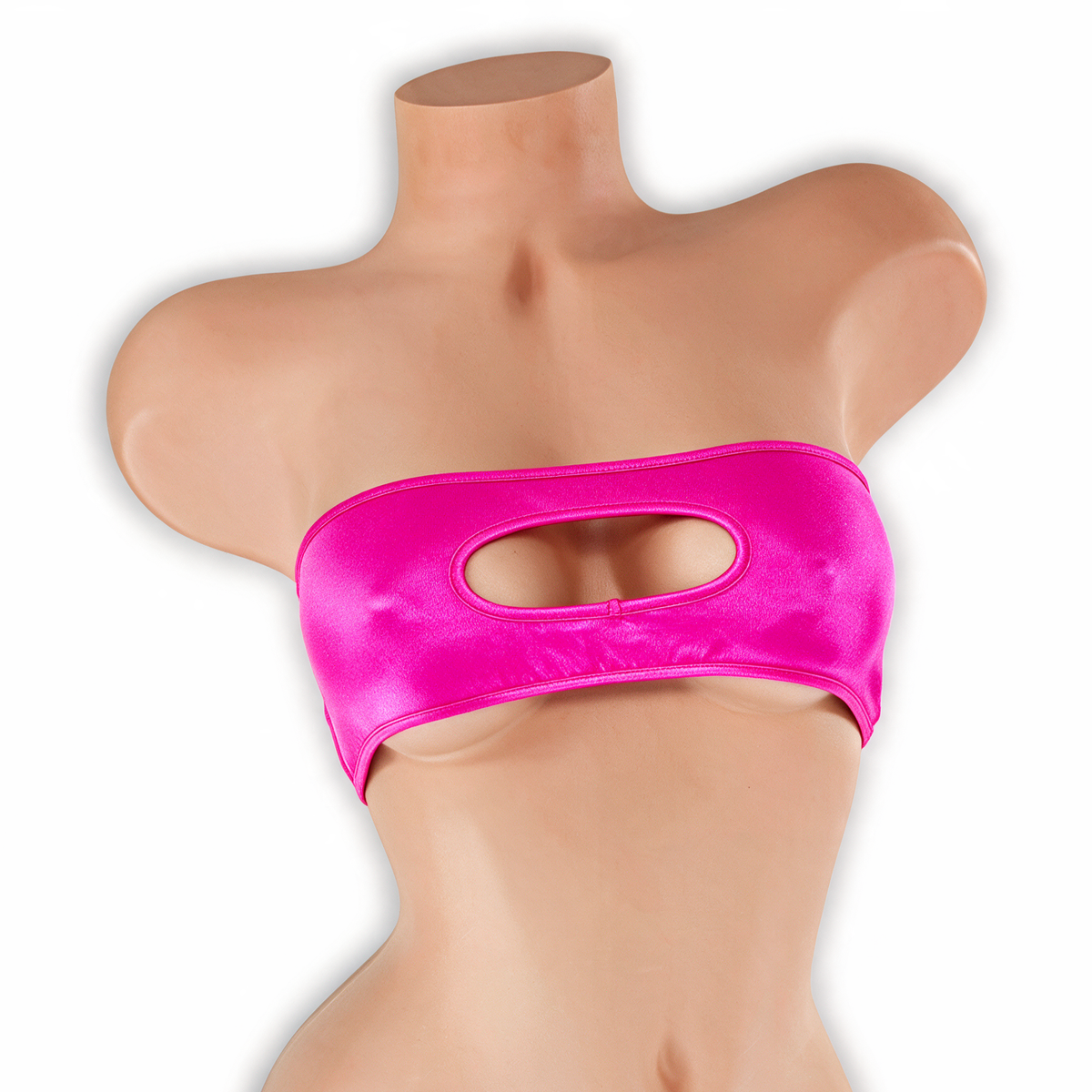 Pink Sapphire fuchsia peekaboo bandeau top with keyhole on mannequin, front view, Golddiggers Boutique