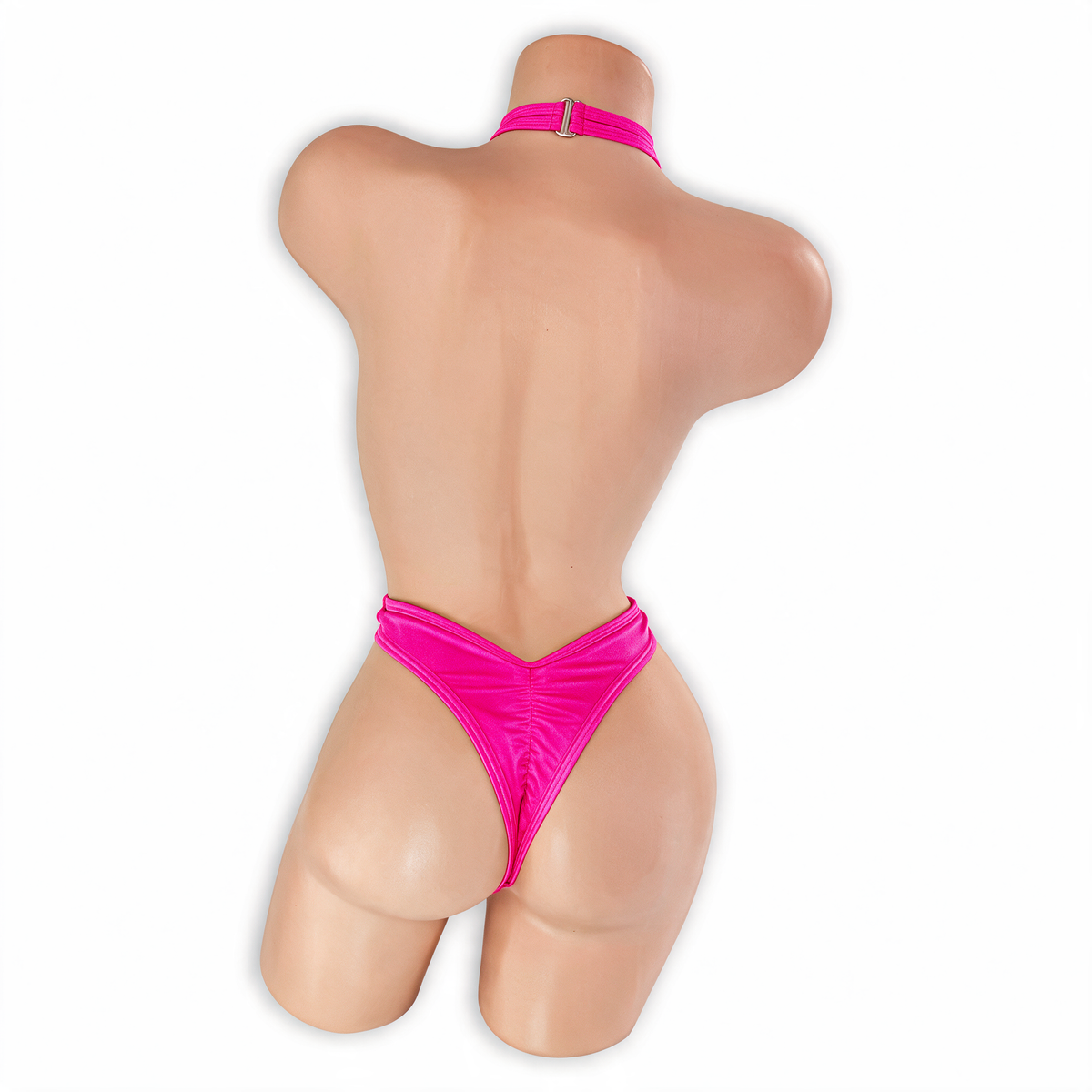 Pink Sapphire fuchsia Savannah criss cross halter thong bodysuit, back, Golddiggers Boutique