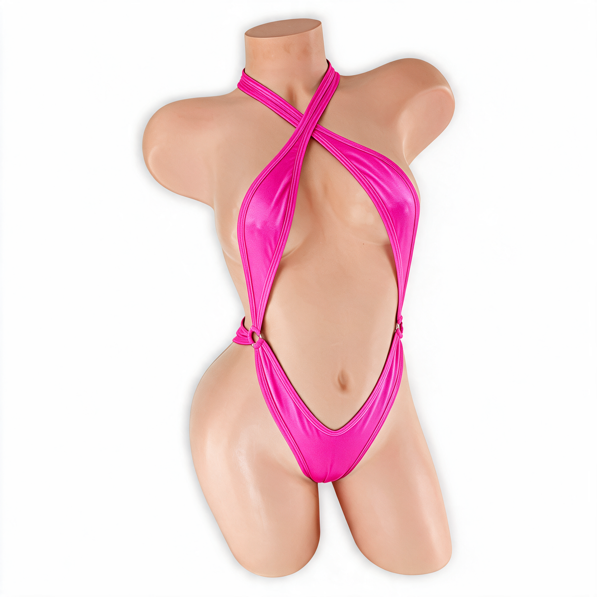 Pink Sapphire fuchsia Savannah criss cross halter thong bodysuit, front, Golddiggers Boutique