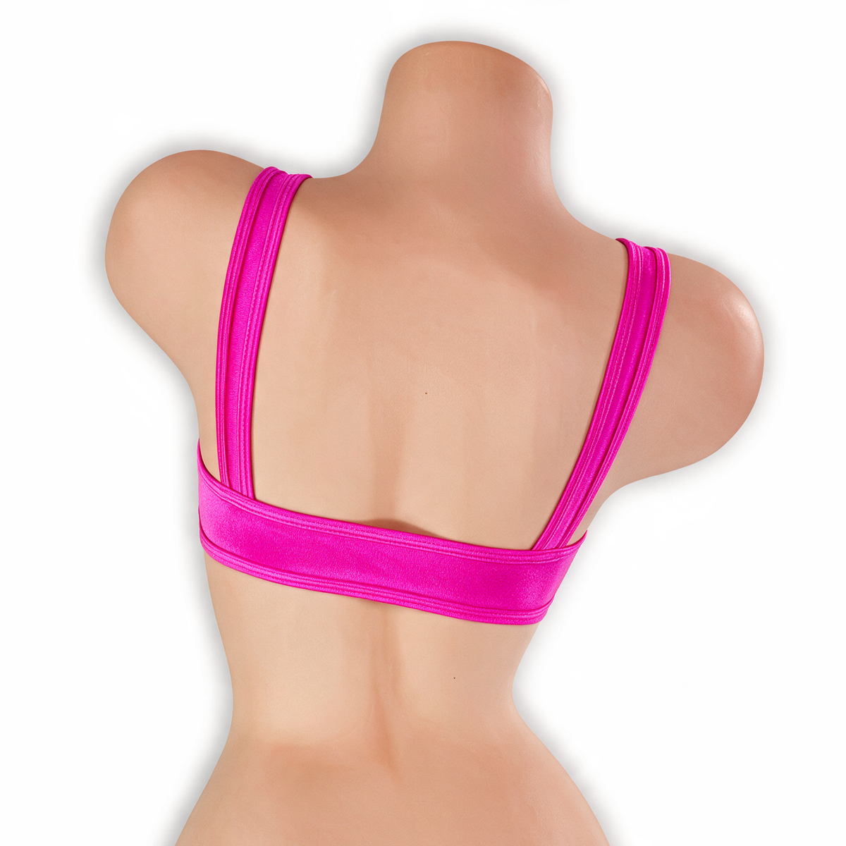 Pink Sapphire fuchsia sleek underboob top on mannequin, back view, Golddiggers Boutique