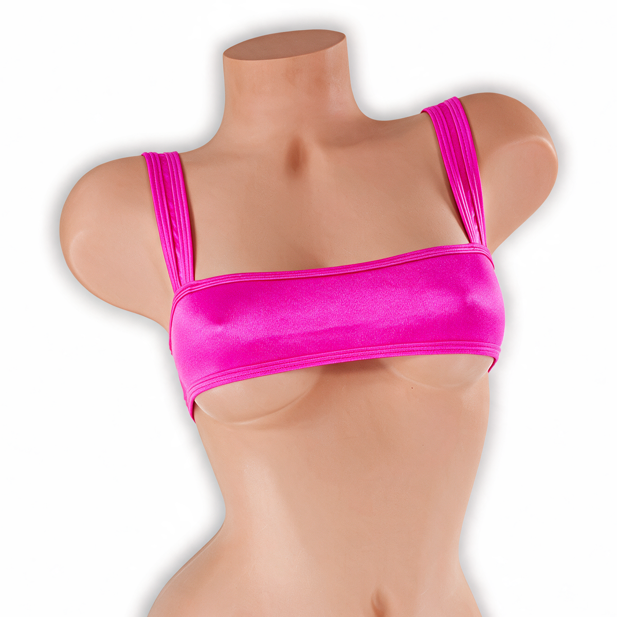 Pink Sapphire fuchsia sleek underboob top on mannequin, front view, Golddiggers Boutique