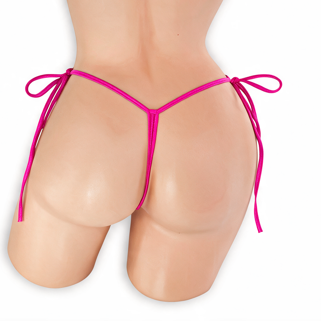 Pink Sapphire fuchsia tie side t-back thong on mannequin, back view, Golddiggers Boutique