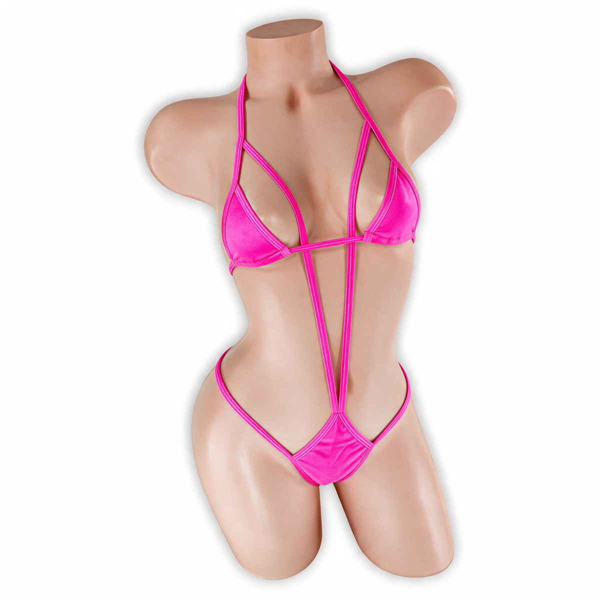 Pink Sapphire fuchsia Zaria micro triangle slingshot bodysuit, front, Golddiggers Boutique