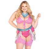 Close front pose of plus size pink space cowgirl costume with bandana print top and chaps - Golddiggers Boutique