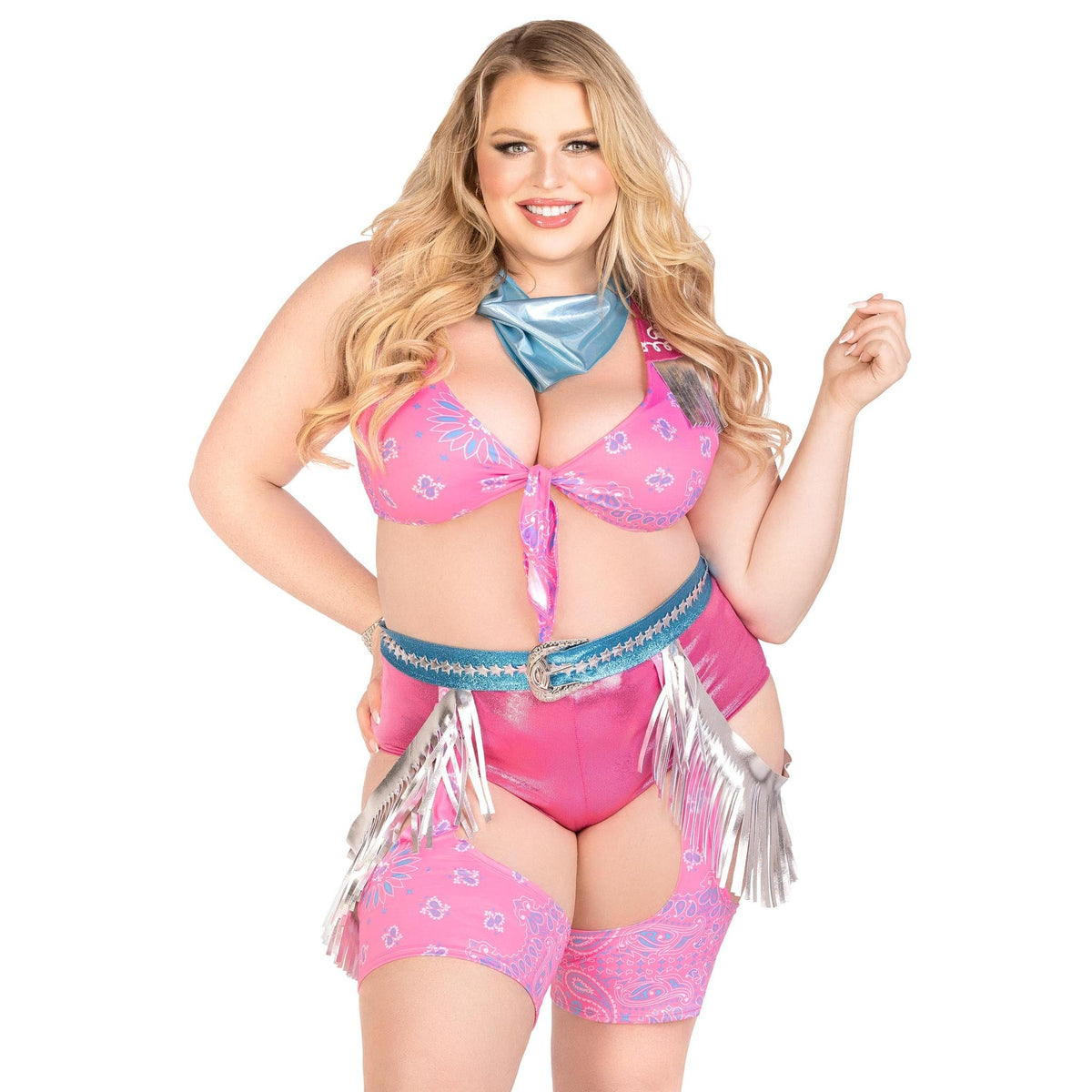 Close front pose of plus size pink space cowgirl costume with bandana print top and chaps - Golddiggers Boutique