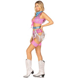 Side view of pink space cowgirl costume with bandana print top and chaps - Golddiggers Boutique