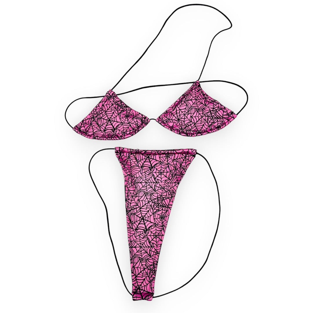 Pink Spider Web micro 'kini, flat lay of triangle top and g-string thong on black strings, Golddiggers Boutique