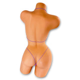Back view of Pink Sprinkles micro 'kini on mannequin showing lilac elastic string ties and g-string back