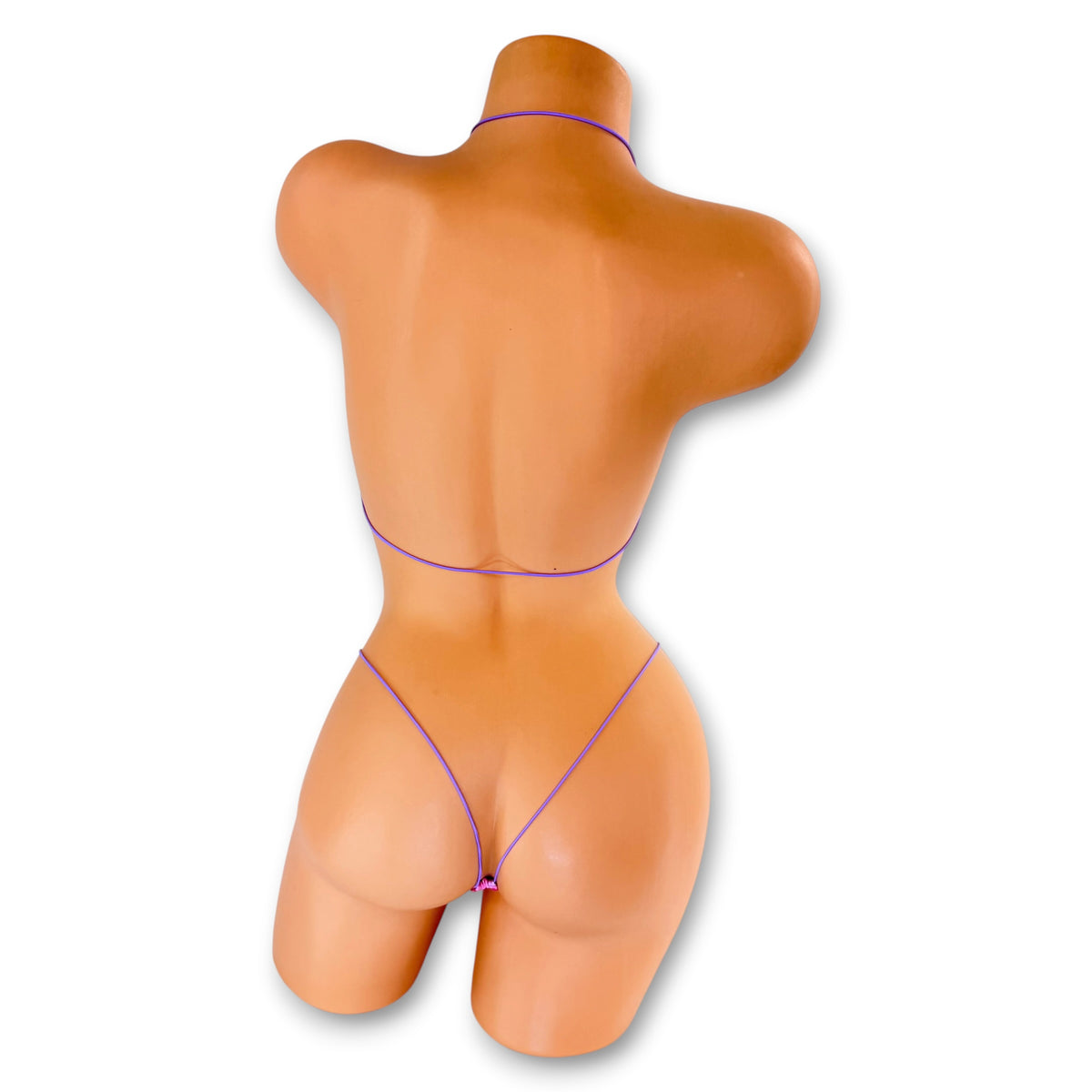 Back view of Pink Sprinkles micro 'kini on mannequin showing lilac elastic string ties and g-string back